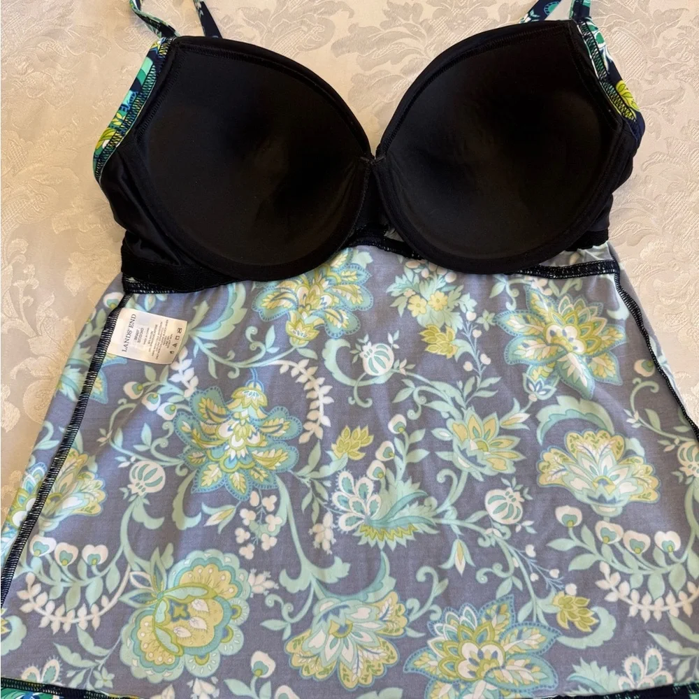 Lands' End Size‎ 32DD/34D Blue Green Floral Tankini Top Underwire Bra Swimsuit